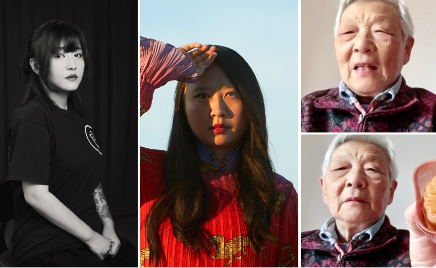 From left: Deng Ge is a rap mogul who became a lockdown activist. Poet Sally Wen Mao Mao uses her art to express her anger about how Chinese people are being portrayed in the pandemic. Writer and comic artist Laura Gao, living in the U.S., has a video chat with her grandmother Zhou Nai, who's happy to have a supply of moonpies.