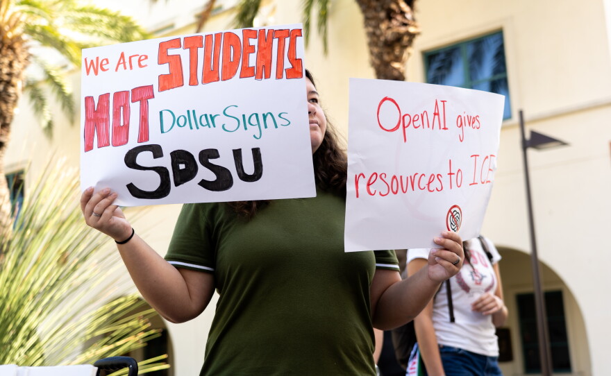 The signs reflected a wide-reaching concern with artificial intelligence at the SDSU union protest on, Oct. 20, 2026.