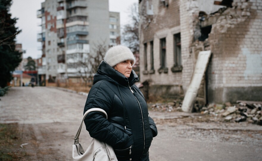 Nadezda Dunayeva, a retired nurse, at the hospital in Lyman, Donetsk region, where she works as a volunteer for World Central Kitchen distributing hot food daily to residents. December 2022.