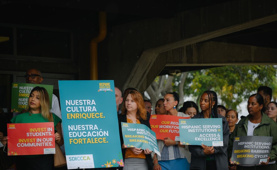Community college officials hold a press conference condemning the lawsuit taking aim at the federal Hispanic Serving Institution program at Southwestern College in Chula Vista, California, on Aug. 28, 2025. The program provides more than $15 million to community colleges in San Diego and Imperial County.