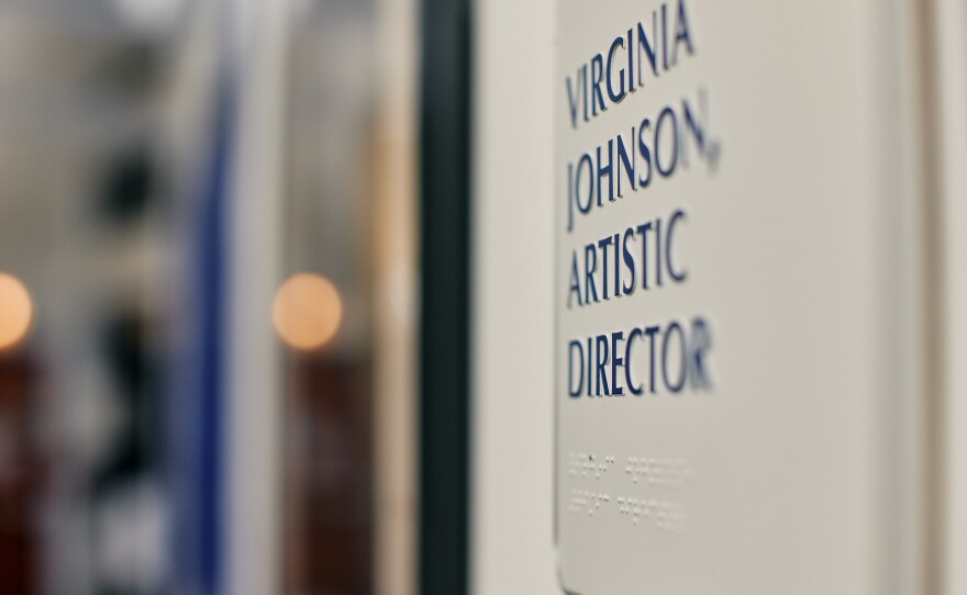 Office nameplate of Virginia Johnson, the outgoing artistic director of Dance Theatre of Harlem in one of the hallways at the studio located at 466 West 152nd street in New York City, N.Y. on Thursday, June 22, 2023.