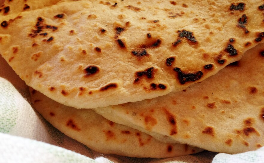 A stack of fresh flour tortillas made by the author in Las Vegas, N.M., with the help of Susan McCreight Lindeborg and Janet Stein Romero.