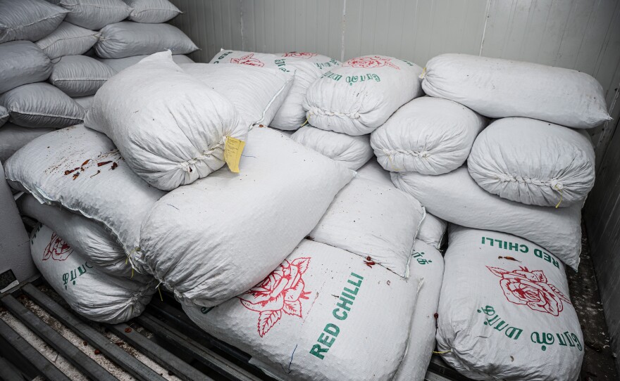 Sacks of chiles fill a government-run cold storage unit in Ramanathapuram, Tamil Nadu. With a nominal fee, this kind of storage facilities gives chile farmers the ability to stockpile chiles to take advantage when prices go up.