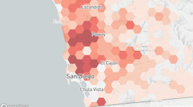 A screenshot of a map of San Diego created by the Los Angeles Times that shows concentrations of buildings in the highest-risk wildfire zones. 