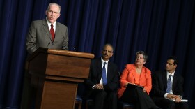 Assistant to the President for Counterterrorism and Homeland Security, John Brennan, speaks as U.S. Attorney General Eric Holder (2nd L), Secretary of Homeland Security Janet Napolitano (3rd L), and Treasury Under Secretary for Terrorism and Financial Intelligence David Cohen (R) listen during the unveiling of a new strategy to combat Transnational Organized Crime (TOC) at the South Court Auditorium at the Eisenhower Executive Office Building July 25, 2011 in Washington, DC. 