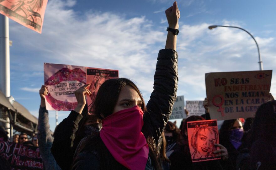Protesters gather on the Paso del Norte International Bridge in Ciudad Juarez, Mexico on Saturday to demand justice for artist and activist Isabel Cabanillas, 26, who was killed in the streets of Juarez, Mexico.