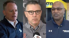 Athletic directors Bill McGillis of University of San Diego (left), John David Wicker of San Diego State (center) and Earl Edwards of UC San Diego (right).