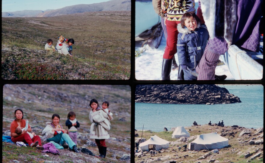 Myna Ishulutak (upper right, in blue jacket) lived a seminomadic life as a child. Above: photos of the girl and her family in the hunting camp of Qipisa during the summer of 1974.