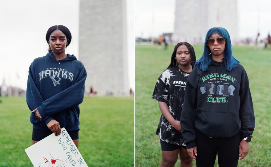 Left photo: Carmen Cuweti; Right photo: Sole'a Harmon (left) and A.J. Proctor (right) attend the "March for Our Lives" rally at the National Mall in Washington, D.C., on Saturday, June 11.
