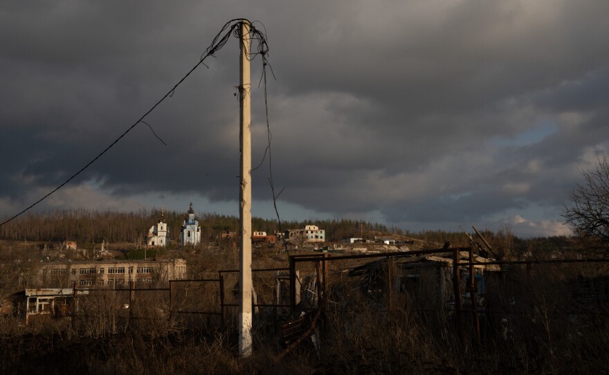 A damaged utility pole stands in a town north of Sloviansk, Ukraine. Russia's systematic targeting of Ukraine's energy infrastructure started in October 2022, as Ukraine's armed forces were taking back territory in the country's northeast and south.