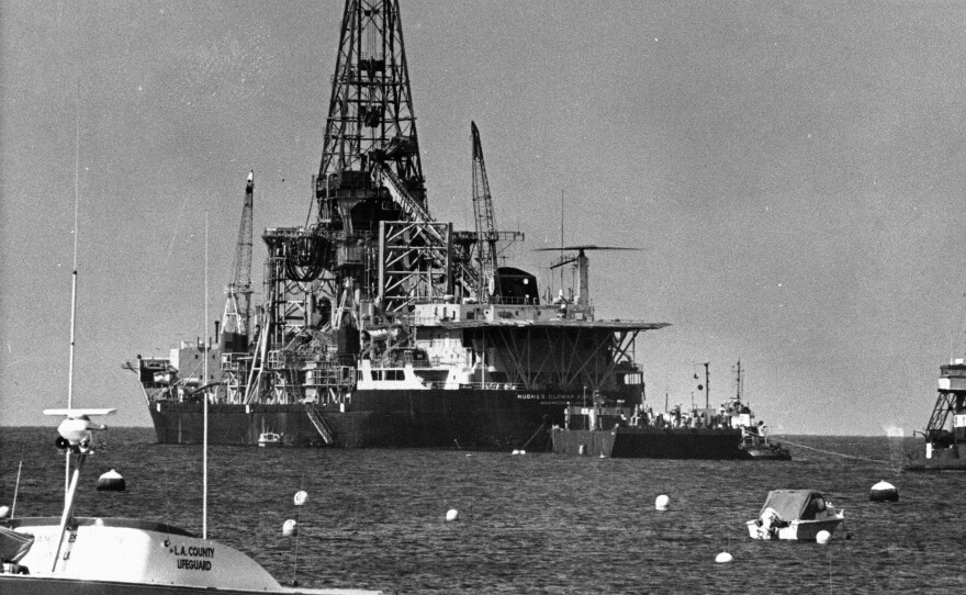 Life guards watch during the arrival of Howard Hughes' Glomar Explorer off Catalina Island, May 8, 1975.