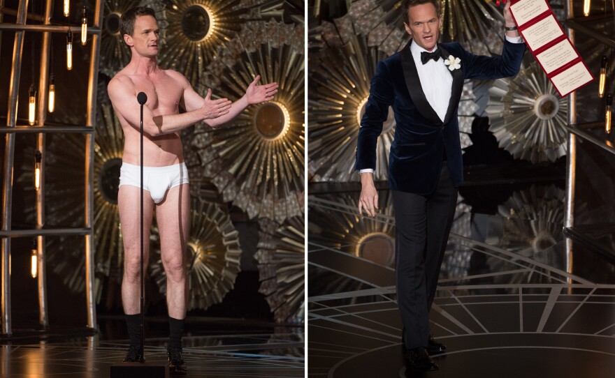 Neil Patrick Harris stripped and scored with his spoof of "Birdman," left, but his running gag about his sealed Oscar predictions, right, was a total bust. Harris hosted the 87th annual Academy Awards, Feb. 22, 2015.