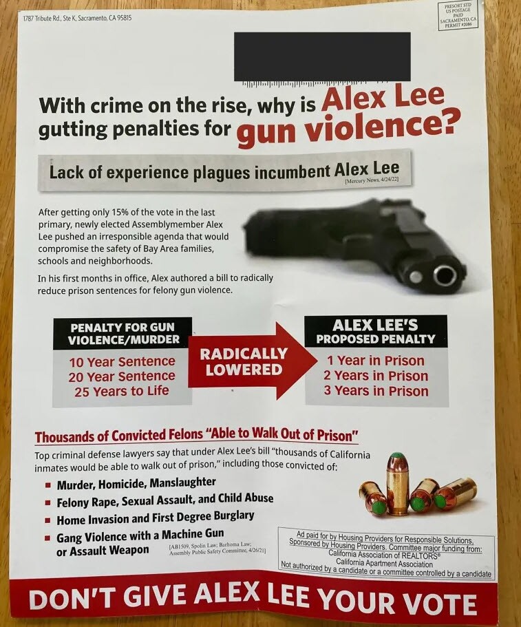 In this undated image, a mailer from Housing Providers for Responsible Solutions against Assemblymember Alex Lee is shown.