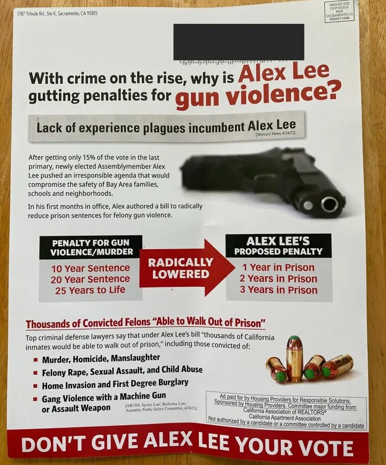 In this undated image, a mailer from Housing Providers for Responsible Solutions against Assemblymember Alex Lee is shown. 