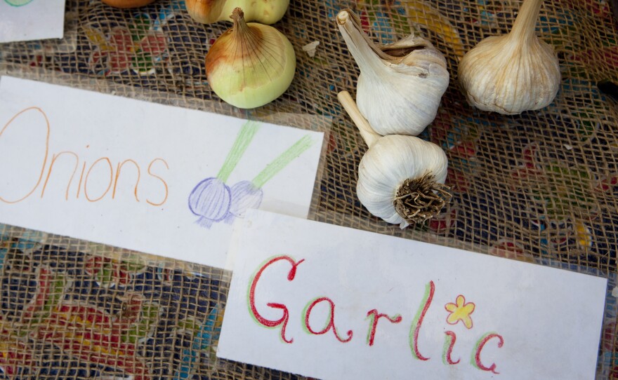 Homemade signs decorate the table at the Aya Farmers Market, where the kids of City Blossoms sell their produce on Saturdays.