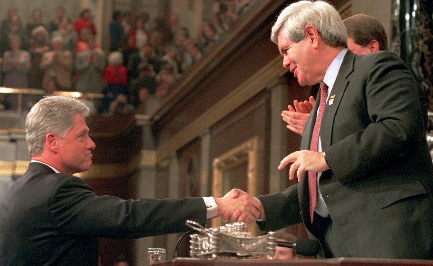 President Clinton shakes hands with House Speaker Newt Gingrich prior to giving his State of the Union address in January 1996.