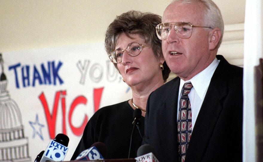 Rep. Vic Fazio, joined by his wife Judy, announces to a gathering of friends and supporters in the Woodland Hote, in Woodland, Calif., on Nov. 17, 1997, that he will not seek re-election to the House of Representatives next term, following a 10-term career in Congress.