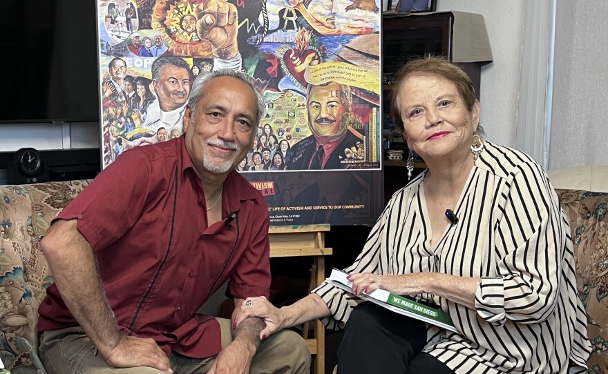 Roberto Pozos (left) and Maria Garcia (right) sit together for a recording of the "We Made San Diego" video podcast, Sept. 2025.<br/>
