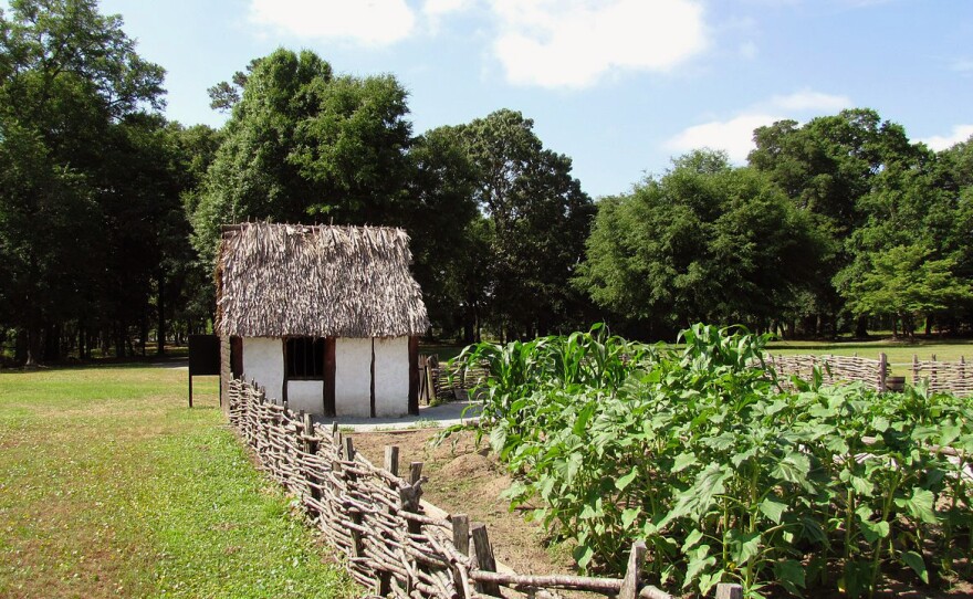 A "conceptual replica" of a hut and garden used by the settlers at Charles Towne Landing. The state park is the site of the original Carolina Colony, founded by settlers who sailed from Barbados.