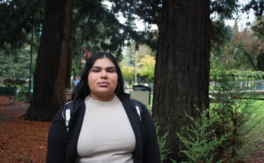 Namrata on the Sacramento State campus on Nov. 14, 2025. Namrata is an international student from India studying political science at Sacramento State. She uses the singular name Namrata as her legal name.