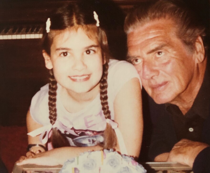 Victoria Mature celebrating a birthday with her dad Victor Mature. Undated photo.