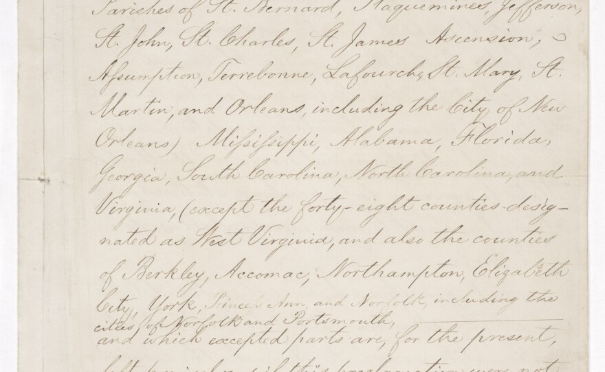 Page three of the Emancipation Proclamation on display at the National Archives in Washington, D.C.