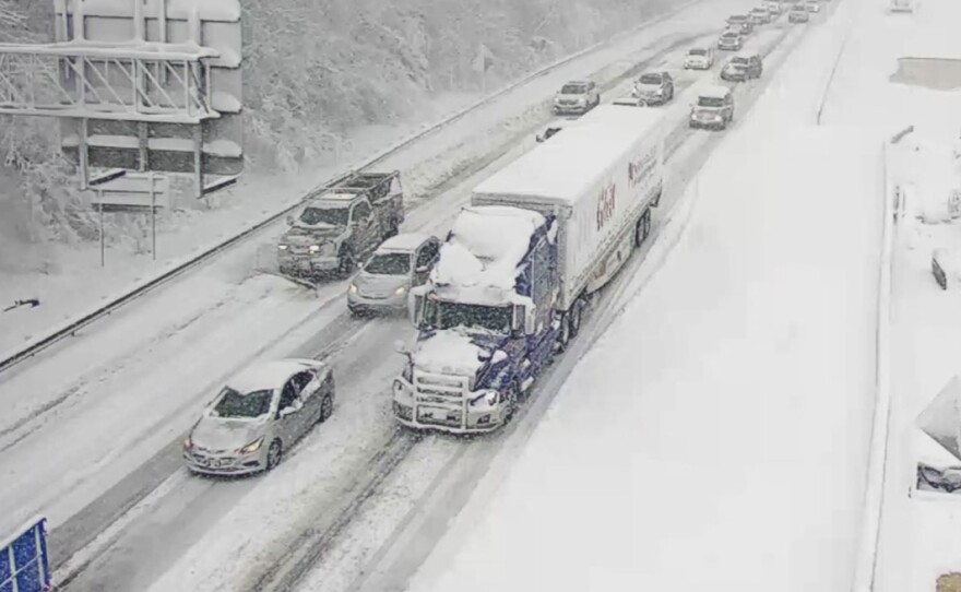 This image provided by the Virginia department of Transportation shows a closed section of Interstate 95 near Fredericksburg, Va. Monday Jan. 3, 2022. Both northbound and southbound sections of the highway were closed due to snow and ice.