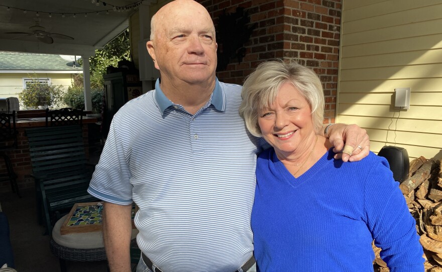 Randy (left) and Mary Jane Maxwell stand outside their home in Bamberg, S.C. The Maxwells support Nikki Haley in her run for president and plan to write her in even if she doesn't make it to the general election.