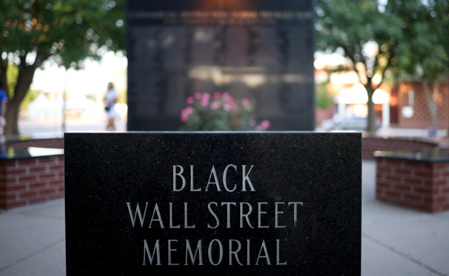 The Black Wall Street Massacre memorial is shown on June 18, 2020 in Tulsa, Oklahoma. President Biden will visit Tulsa on Tuesday for the 100-year anniversary of an attack that left as many as 300 people dead.