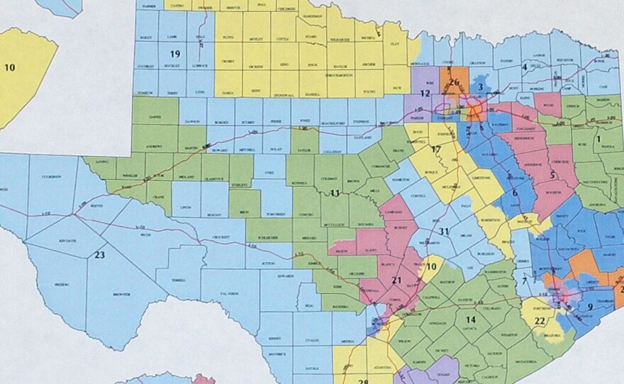 Part of Texas' congressional redistricting map from 2003. The lead plaintiffs in Evenwel v. Abbott are residents of a state Senate district in Texas who say their equal rights to representation are diluted because Texas equalized the districts in population terms and not in terms of eligible voters.