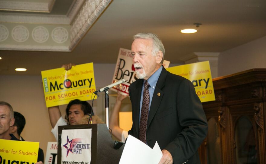 Candidate for the San Diego Unified School District, Michael McQuary speaks to supporters at Athens Market Taverna in San Diego, June 3, 2014.