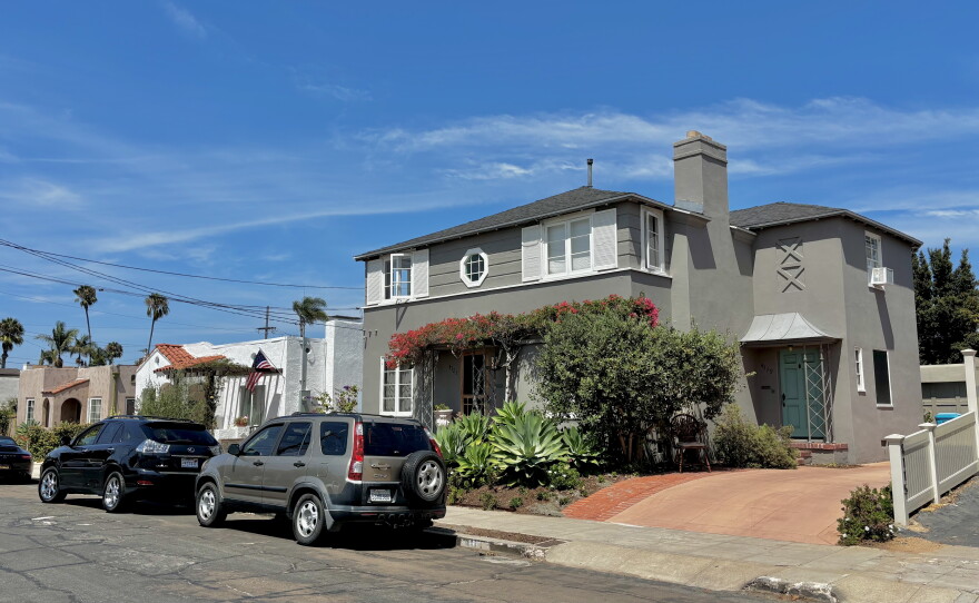 A duplex and small bungalow houses line a street in Mission Hills, July 24, 2026.