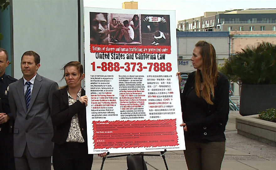 Under a California SB 1193, a broad range of San Diego businesses, including massage parlors, bars, farms, bus stops and emergency rooms, will be required to display a poster, similar to this one, that includes a telephone hotline for human trafficking victims seeking help, or to report unlawful activity.