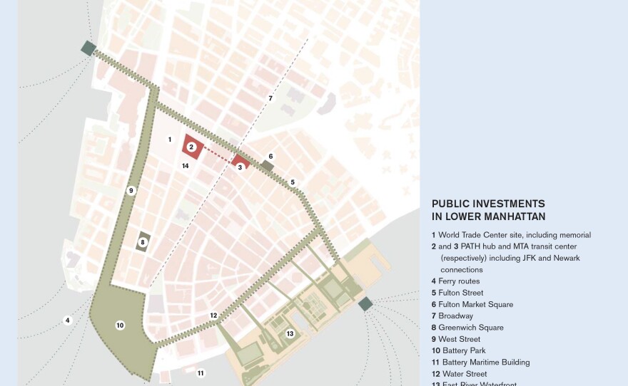 A portion of Bloomberg's "Vision" plan, highlighting the investments the city planned to make in Lower Manhattan, including connecting the area "to the world around it" and creating "public places that make Lower Manhattan one of the most appealing places in the world."