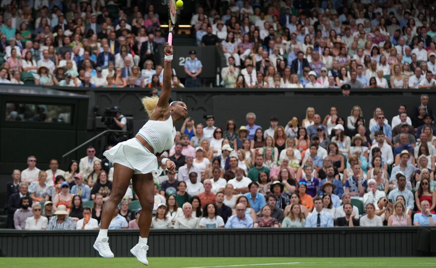 Serena Williams of the United States serves against Maya Joint of Australia in their first round women's singles match at the Wimbledon Tennis Championships in London, Tuesday, June 30, 2026.