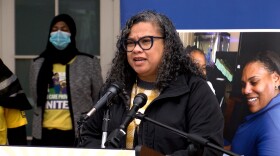 Johanna Hester, Vice Chair of Child Care Providers United, is shown speaking at the United Domestic Workers building in San Diego, Calif. April 22, 2021.