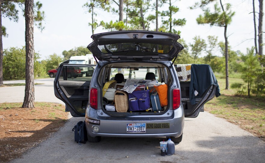 Sergio Gil Jr. and Susan Arawley's car is packed up with all of their supplies. The two are from Pearland, Texas. In response to Hurricane Harvey, the Texas State Parks opened their doors to evacuees free of charge through the month September. As of Labor Day, about 7,500 individuals have taken shelter at Texas State Parks.
