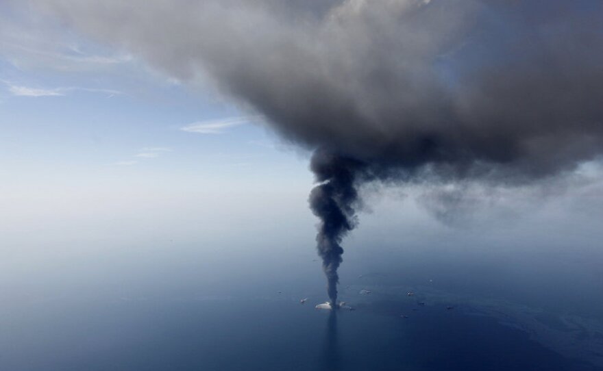 The Deepwater Horizon oil rig is seen burning in April 2010. A second phase of the BP trial started this week looks at just how much oil spilled into the Gulf.