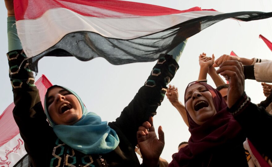 Egyptian women celebrate in Tahrir Square on Feb. 12 after Mubarak was driven from power. Many women now say they feel shut out of the new government that is emerging.