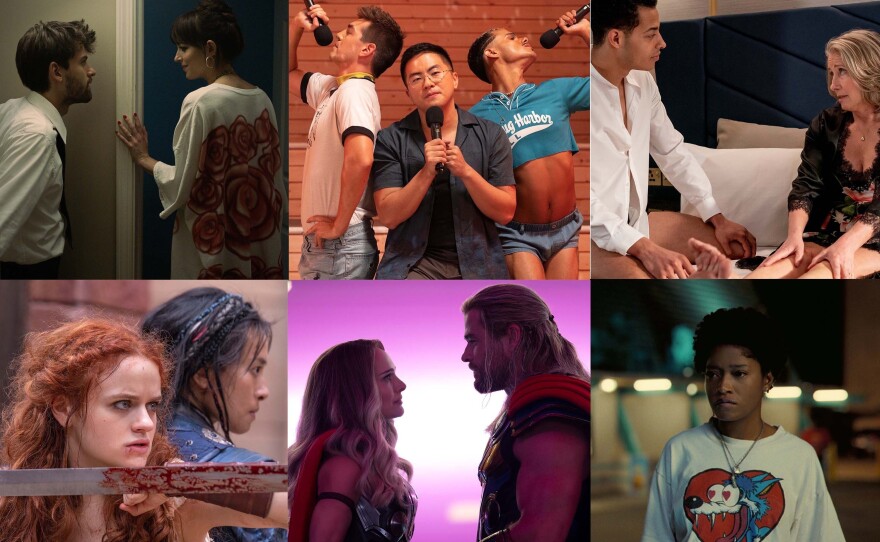 Movie stills from C<em>ha Cha Real Smooth, Fire Island, Good Luck to You, Leo Grande, The Princess, Thor: Love and Thunder</em>, and <em>NOPE</em>.