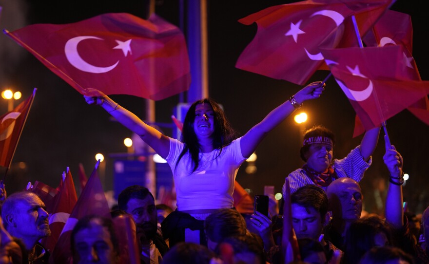 Republican People's Party, or CHP, supporters gather to celebrate outside City Hall in Istanbul, Turkey, Sunday, March 31, 2024.