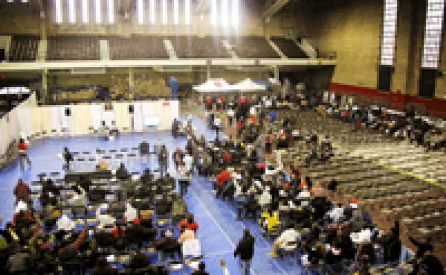 Those seeking to adjudicate their cases then go across the street to the New Jersey City Armory, where they wait for judges to review their cases.