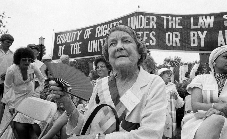 Hazel Hunkins Hallinan, who fought for women's suffrage, rests after marching with supporters of the Equal Rights Amendment in Washington, D.C., in 1977. The last state to ratify the ERA, Indiana, did so that same year.