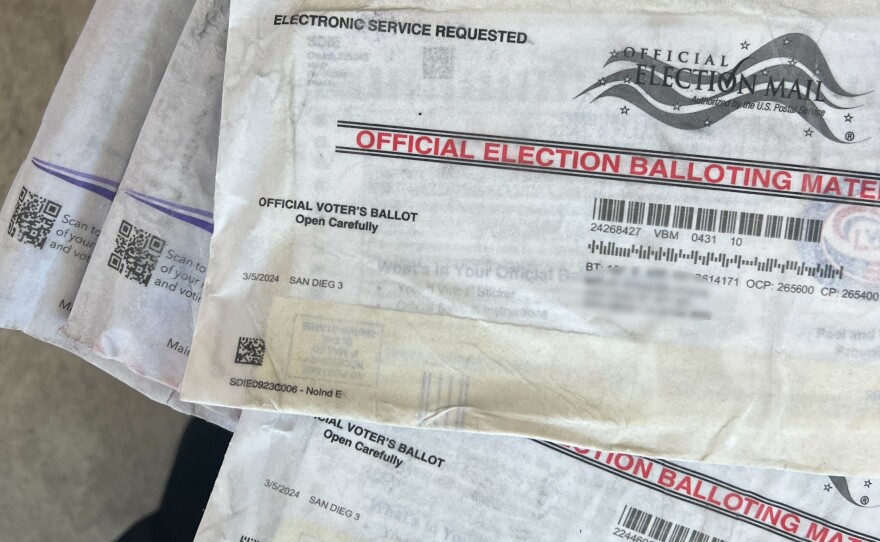 Vote-by-mail ballots damaged from the rain are seen in this photo taken Feb. 8, 2024. San Diego, Calif.