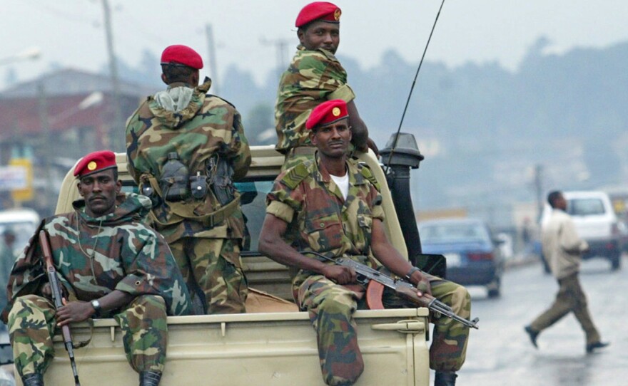 In this file photo, members of the Ethiopian army patrol the streets of Addis Ababa in 2005.