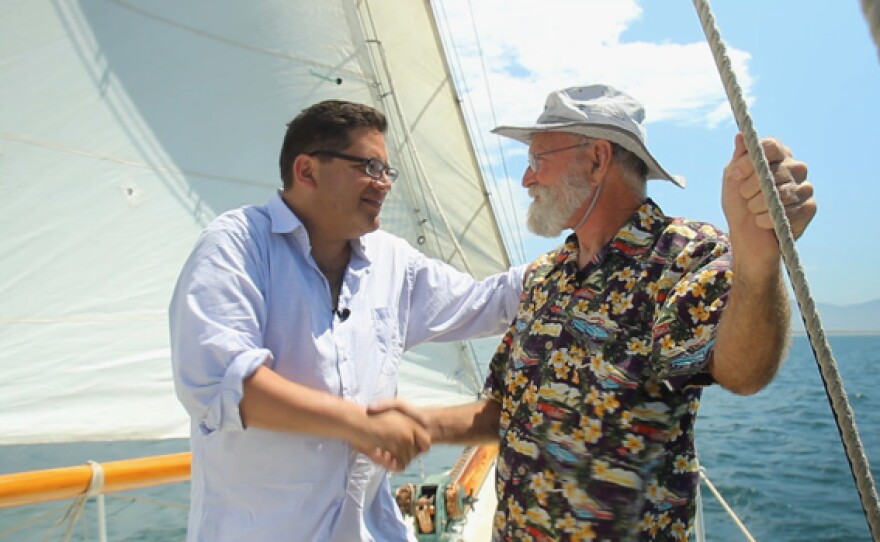 Host Jorge Meraz joins Captain Gary for a sailing lesson in Ensenada, Baja California, Mexico.