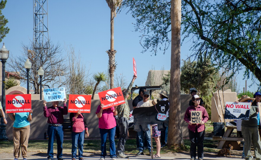 Landowners, river guides and residents throughout the Big Bend hold a rally against the proposed border wall in Presidio, Texas on March 21, 2026.