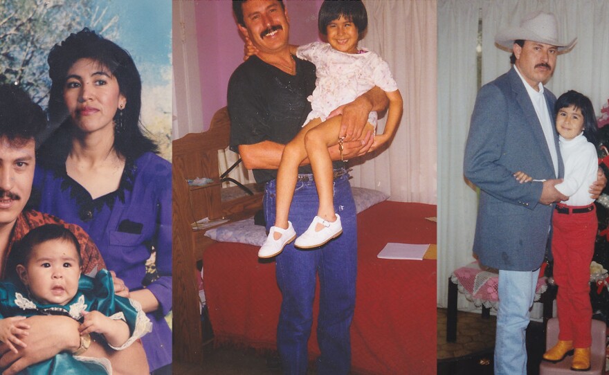 From left: Jennifer Moreno and her parents in 1993 ("Our first family photo, back when everyone went to Sears for portraits"); Moreno and her father in 1997 ("My mom and I decided to try out my new camera"); Moreno and her father at Christmas in 1997 ("I was having a hard time convincing him to take photos, but we got him.")