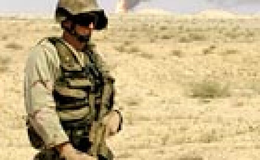 Burning oil well near the Iraq-Kuwait border, March 24, 2003.