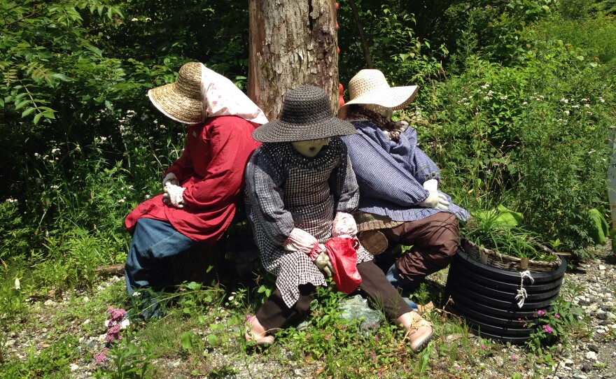 Three scarecrows lean against a telephone poll at the edge of the Japanese village Nagoro. Tsukimi Ayano created these figures after she returned to the village to take care of her father. The area now includes many of her figures and has attracted tourism.
